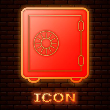 Parlayan neon kasa simgesi tuğla duvar arka planında izole edildi. Kapı, şifreli bir banka kasası. Güvenilir Veri Koruma. Vektör İllüstrasyonu