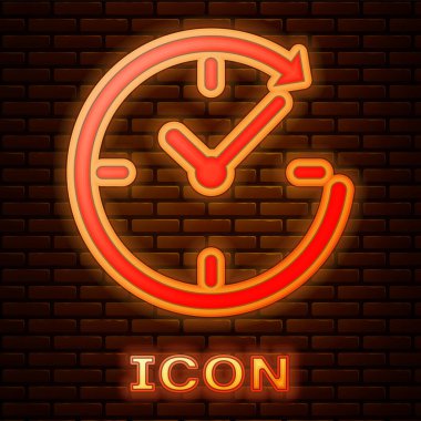 Tuğla duvar arka plan üzerinde izole ok simgesi ile parlak neon Clock. Saat simgesi. Saat yönünde döndür simgesini ok ve saat. Vektör çizim