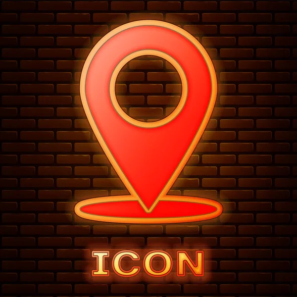 Świecąca Neon Mapa PIN ikona izolowane na tle muru ceglanego. Nawigacja, wskaźnik, lokalizacja, mapa, GPS, kierunek, miejsce, kompas, kontakt, koncepcja wyszukiwania. Ilustracja wektorowa — Wektor stockowy