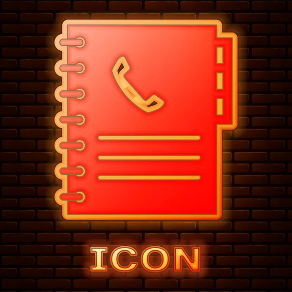 Gloeiende neon telefoonlijst pictogram geïsoleerd op bakstenen muur achtergrond. Adresboek. Telephone directory. Vectorillustratie — Stockvector