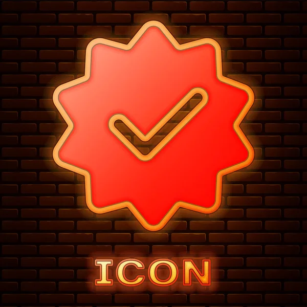 Lumineux néon Médaille approuvée ou certifiée avec rubans et icône de coche isolée sur fond de mur de briques. Illustration vectorielle — Image vectorielle