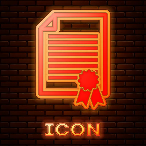 Świecący neon Certyfikat wzór ikony izolowane na tle ściany z cegły. Osiągnięcia, nagrody, dyplom, stypendium, dyplom. Certyfikat sukcesu biznesowego. Ilustracja wektora — Wektor stockowy