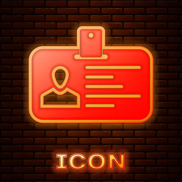 Glowing neon Identification badge icon isolated on brick wall background. It can be used for presentation, identity of the company, advertising. Vector Illustration — Stock Vector