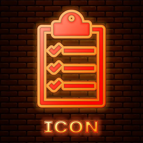 Gloeiende neon Klembord met controlelijst pictogram geïsoleerd op bakstenen muur achtergrond. Vectorillustratie — Stockvector