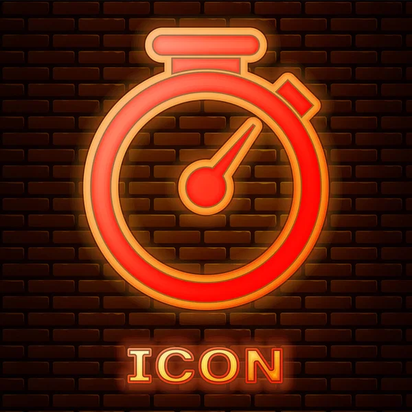 Icona luminosa al neon cronometro isolato su sfondo muro di mattoni. Un timer temporale. Illustrazione vettoriale — Vettoriale Stock
