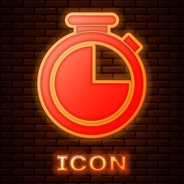 Leuchtende Neon-Stoppuhr-Symbol isoliert auf Backsteinwand Hintergrund. Zeitzeichen. Vektorillustration — Stockvektor