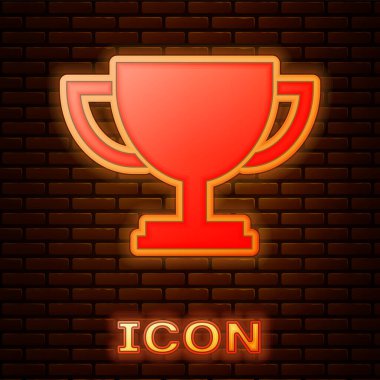 Parlak neon Trophy Kupası simgesi tuğla duvar arka plan üzerinde izole. Ödülü sembolü. Şampiyon Kupası simgesi. Vektör çizim