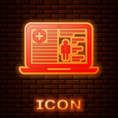 Laptop ikonundaki parıldayan neon tıp kayıtları tuğla duvar arka planında izole edilmiş. Sağlık sigortası formu. Reçete, tıbbi kontrol işaretleri raporu. Vektör İllüstrasyonu