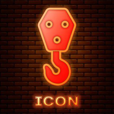 Tuğla duvar arka plan üzerinde izole parlak neon endüstriyel kanca kutsal kişilerin resmi. Vinç kanca simgesi. Vektör çizim