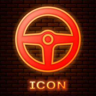 Parlayan neon direksiyon ikonu tuğla duvar arka planında izole edilmiş. Araba tekeri ikonu. Vektör İllüstrasyonu