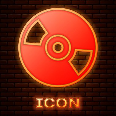 Parlayan neon CD veya DVD disk simgesi tuğla duvar arka planında izole edildi. Küçük disk işareti. Vektör İllüstrasyonu