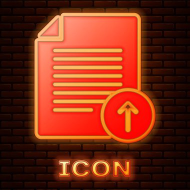 Parlak neon Upload dosya simgesini tuğla duvar arka plan üzerinde izole. Dosya belge simgesi. Belge oku. Vektör çizim