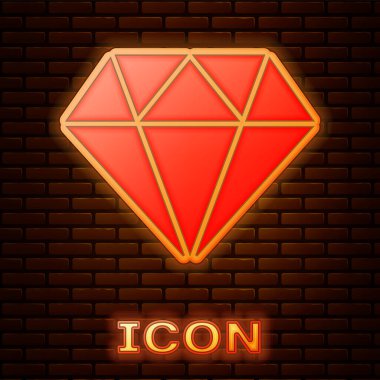 Parlayan neon Diamond simgesi tuğla duvar arka plan izole. Mücevher sembolü. Mücevher taşı. Vektör İllüstrasyonu