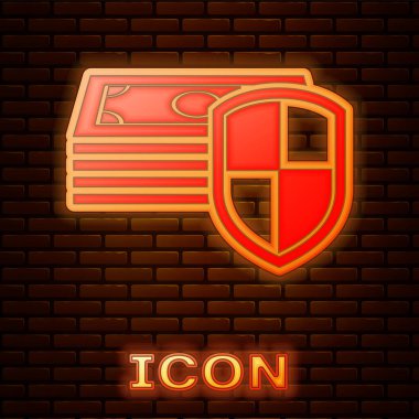 Parlayan neon para koruma ikonu tuğla duvar arkasında izole edildi. Mali güvenlik, banka hesabı koruması, dolandırıcılığı önleme, güvenli para transferi. Vektör İllüstrasyonu