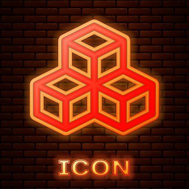 Parlak neon izometrik küp simgesini tuğla duvar arka plan üzerinde izole. Geometrik küpleri katı simgesi. 3D kare işareti. Kutu simgesi. Vektör çizim