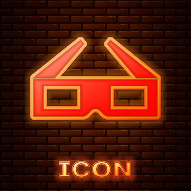 Tuğla duvar arka plan üzerinde izole parlak neon 3d sinema gözlük simgesi. Vektör çizim