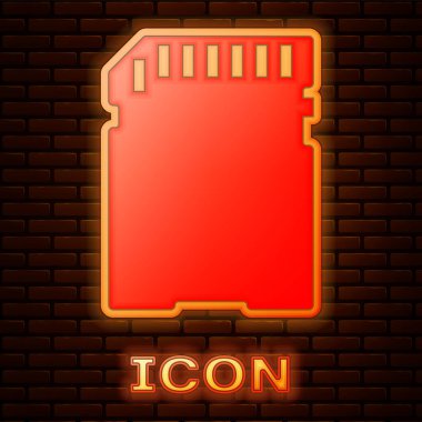 Parlak neon Sd kartı simgesine tuğla duvar arka plan üzerinde izole. Hafıza kartı. Uyarlamak kutsal kişilerin resmi. Vektör çizim