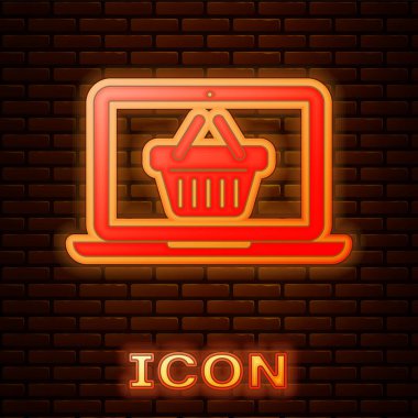 Ekran dizüstü bilgisayarındaki parlak neon alışveriş sepeti tuğla duvar arka planında izole edilmiş. Konsept e-ticaret, e-ticaret, online iş pazarlama. Vektör İllüstrasyonu