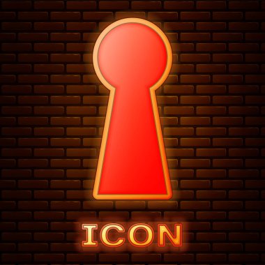 Parlayan neon anahtar deliği simgesi tuğla duvar arka planında izole edildi. Başarının anahtarı. Anahtar deliği bilmece, sır, güvenlik, güvenlik kavramını ifade eder. Vektör İllüstrasyonu