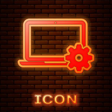 Parlayan neon dizüstü bilgisayar ve teçhizat ikonu tuğla duvar arka planında izole edilmiş. Laptop servis konsepti. Ayarlama, servis, ayar, bakım, onarım, onarım. Vektör İllüstrasyonu