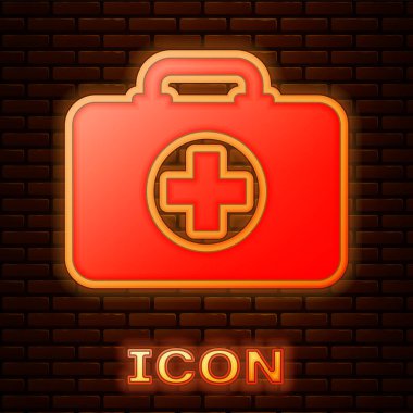 Parlayan neon rengi ilk yardım seti simgesi tuğla duvar arkasında izole edildi. Haçlı sağlık kutusu. Acil durumlar için tıbbi ekipman. Sağlık sigortası konsepti. Vektör İllüstrasyonu