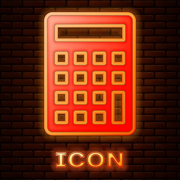 Icono brillante calculadora de neón aislado en el fondo de la pared de ladrillo. Símbolo contable. Cálculos de negocio matemáticas educación y finanzas. Ilustración vectorial — Vector de stock