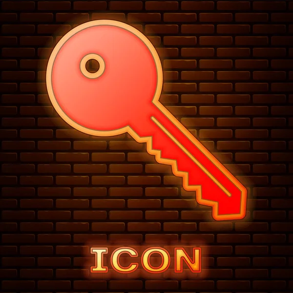 Icona luminosa al neon chiave isolata su sfondo muro di mattoni. Illustrazione vettoriale — Vettoriale Stock