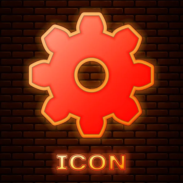 Glowing neon Gear icon isolated on brick wall background. Cogwheel gear settings sign. Cog symbol. Vector Illustration — Stock Vector