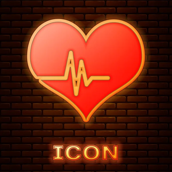 Brillante icono de neón frecuencia cardíaca aislado en el fondo de la pared de ladrillo. Signo de latido. Icono de pulso. Icono del cardiograma. Ilustración vectorial — Archivo Imágenes Vectoriales