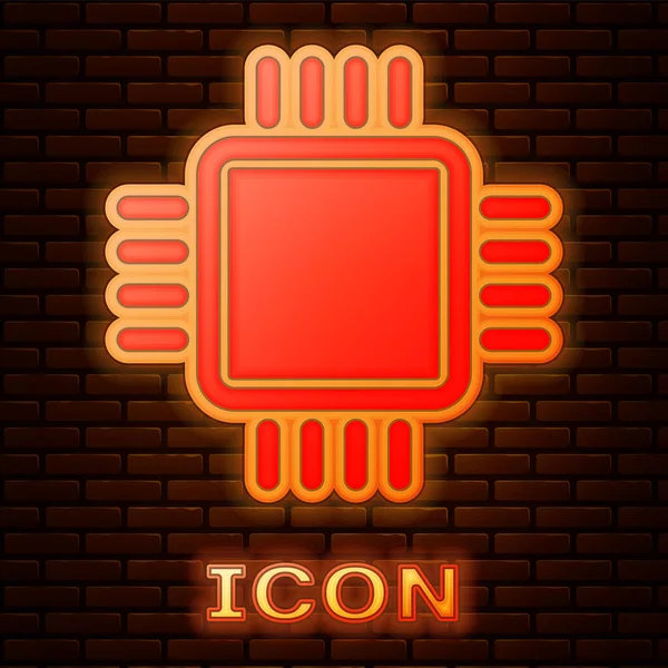 Procesador de neón brillante con microcircuitos icono de CPU aislado en el fondo de la pared de ladrillo. Chip o cpu con señal de placa de circuito. Micro procesador. Ilustración vectorial — Vector de stock