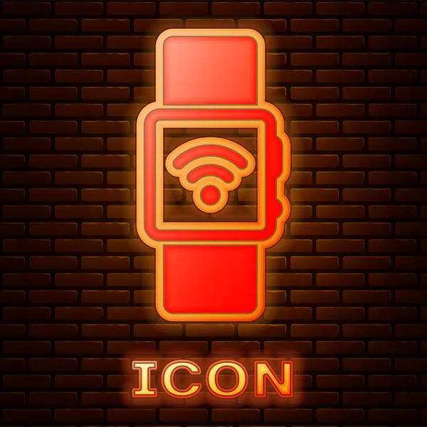 Reloj inteligente de neón brillante con icono de símbolo inalámbrico aislado en el fondo de la pared de ladrillo. Ilustración vectorial — Vector de stock