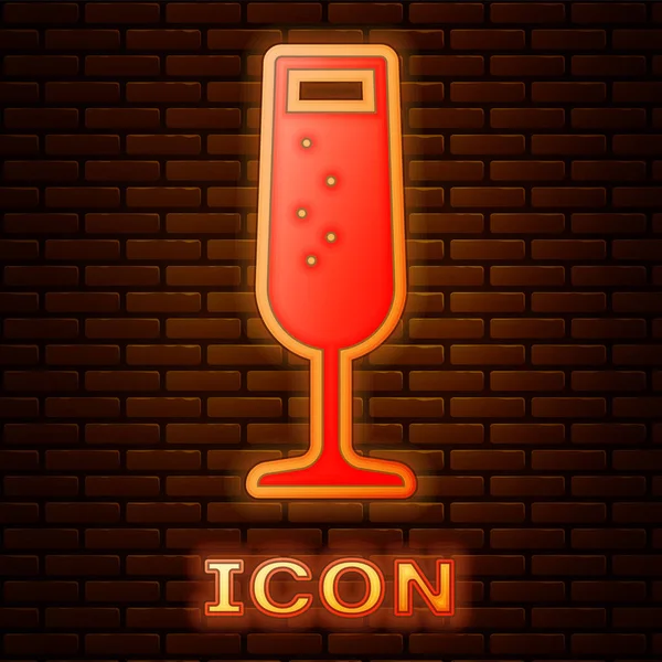 Brillante neon Vetro di icona champagne isolato su sfondo muro di mattoni. Illustrazione vettoriale — Vettoriale Stock