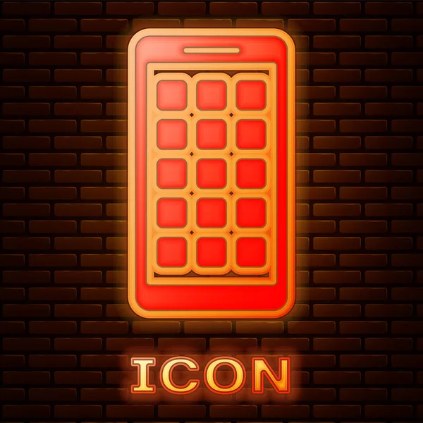 Icono de aplicaciones móviles de neón brillante aislado en el fondo de la pared de ladrillo. Smartphone con iconos de pantalla, aplicaciones. teléfono móvil mostrando la pantalla. Ilustración vectorial — Vector de stock