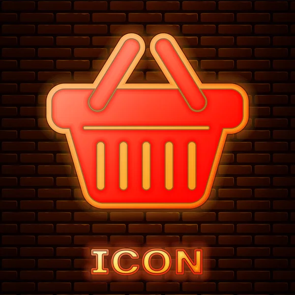 Icono de cesta de compras de neón brillante aislado en el fondo de la pared de ladrillo. Ilustración vectorial — Archivo Imágenes Vectoriales
