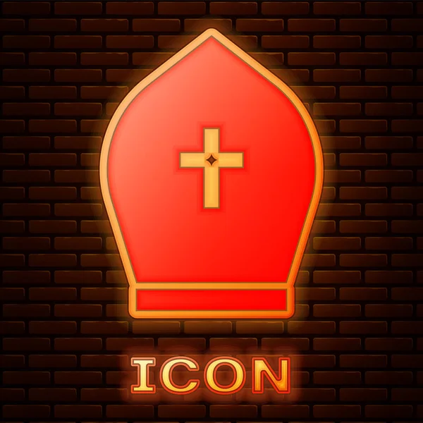 Leuchtende Neon-Papsthut-Ikone isoliert auf Backsteinmauer Hintergrund. christliches Hutschild. Vektorillustration — Stockvektor