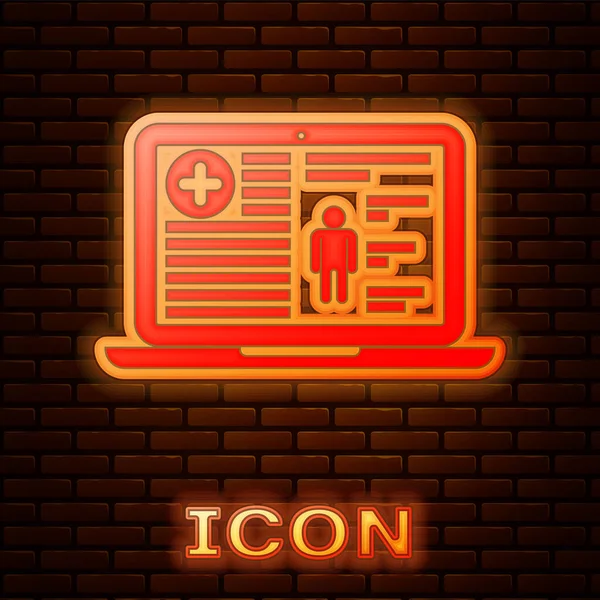 Gloeiende neon Medische klinische gegevens op laptop icoon geïsoleerd op baksteen muur achtergrond. Ziekteverzekeringsformulier. Voorschrift, medisch rapport. Vector Illustratie — Stockvector