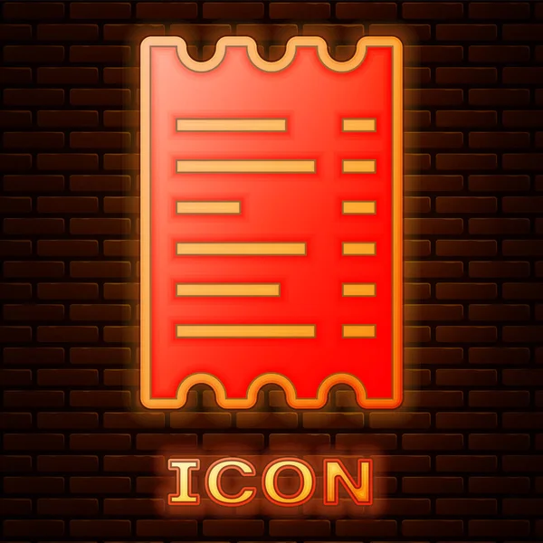 Žhnoucí neon Kontrola papíru a finanční kontrola ikona izolované na pozadí cihlové zdi. Papírový šek, stvrzenka z obchodu nebo účet. Vektorová ilustrace — Stockový vektor