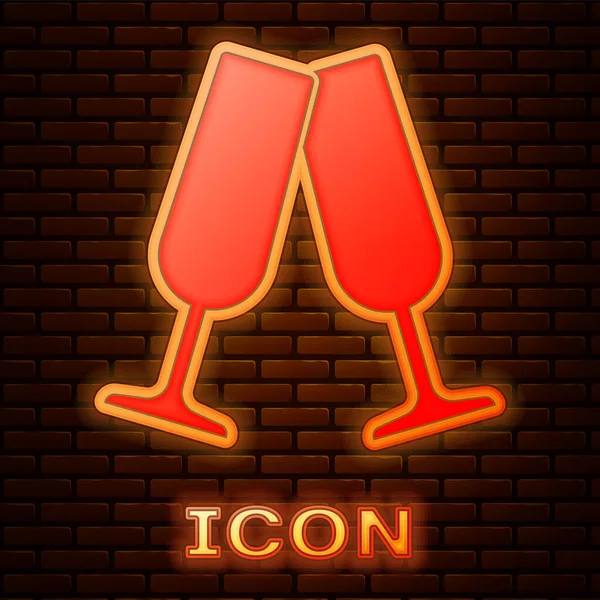 Glowing neon Glasses of champagne icon isolated on brick wall background. Vector Illustration — Stock Vector