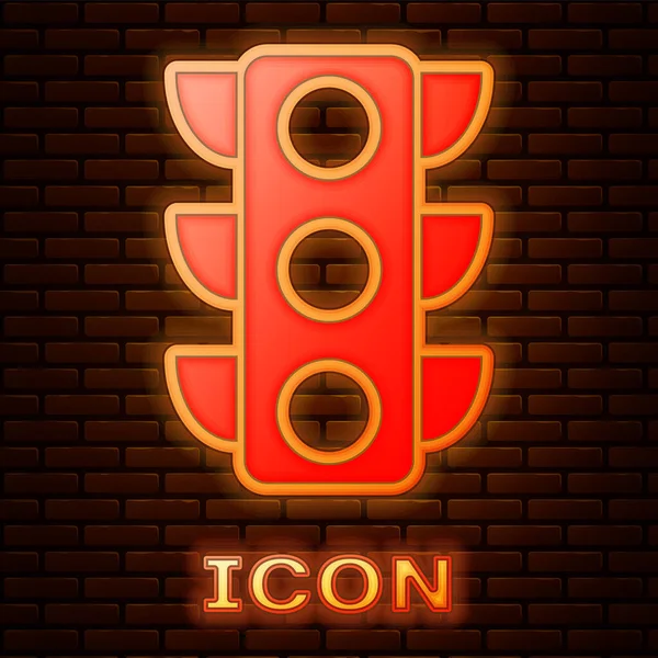 Zářící neon ikona semaforu v izolovaných na cihlovou zeď na pozadí. Vektorové ilustrace — Stockový vektor