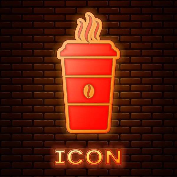 Brilhante neon ícone xícara de café isolado no fundo da parede de tijolo. Copo de café descartável com café quente. Ilustração vetorial — Vetor de Stock
