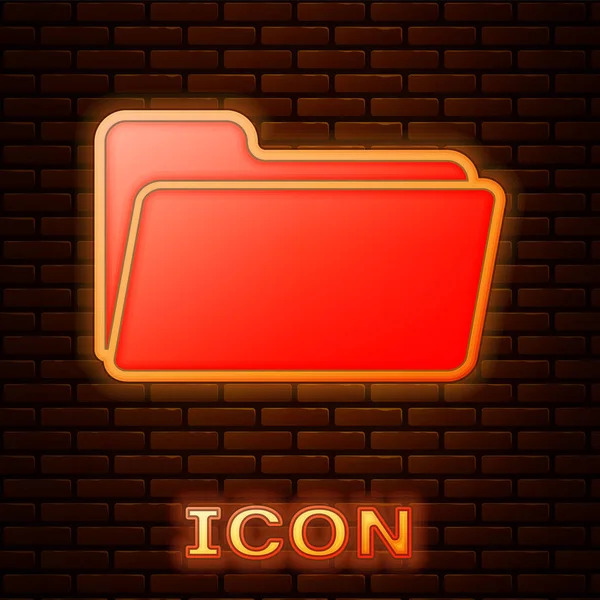 Icono de carpeta de neón brillante aislado en el fondo de la pared de ladrillo. Ilustración vectorial — Vector de stock