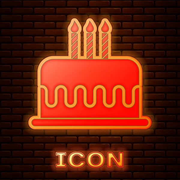 Bolo de néon brilhante com velas em chamas ícone isolado no fundo da parede de tijolo. Feliz Aniversário. Ilustração vetorial — Vetor de Stock