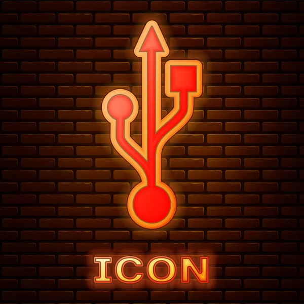 Ícone de símbolo USB neon brilhante isolado no fundo da parede de tijolo. Ilustração vetorial — Vetor de Stock