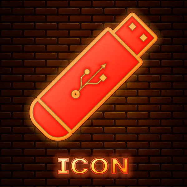 Icono de unidad flash USB de neón brillante aislado en el fondo de la pared de ladrillo. Ilustración vectorial — Vector de stock