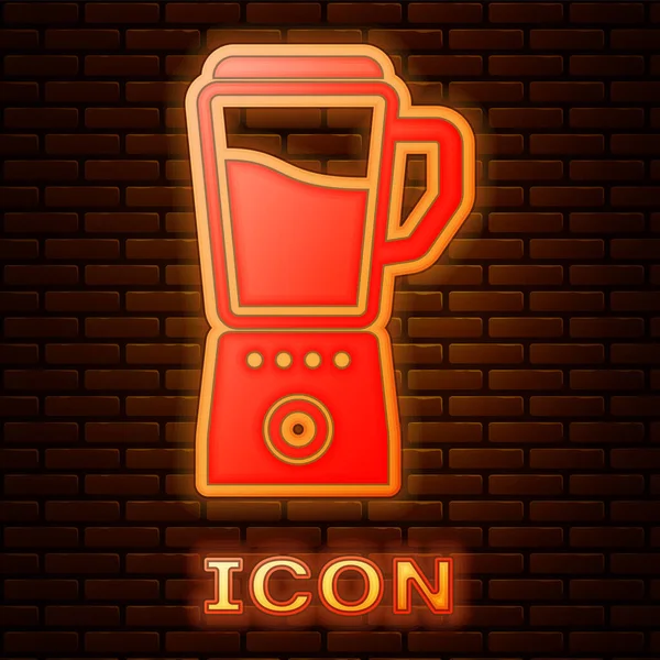 Glowing neon Blender icon isolated on brick wall background. Kitchen electric stationary blender with bowl. Cooking smoothies, cocktail or juice. Vector Illustration — Stock Vector