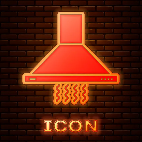 Brilhante neon ícone extrator de cozinha ventilador isolado no fundo da parede de tijolo. Um capuz. Escape da cozinha. Aparelho doméstico. Ilustração vetorial — Vetor de Stock