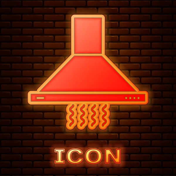 Gloeiende neon keuken afzuigkap pictogram geïsoleerd op baksteen muur achtergrond. Kookkap. Keuken uitlaat. Huishoudelijk apparaat. Vector Illustratie — Stockvector