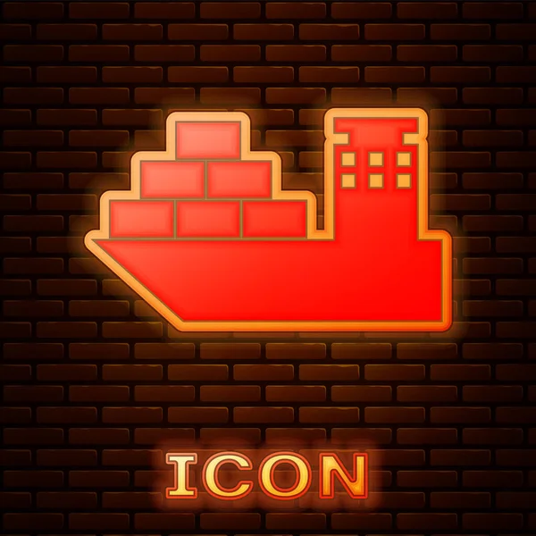 Zářící neon nákladní lodi ikona izolované na cihlovou zeď na pozadí. Vektorové ilustrace — Stockový vektor