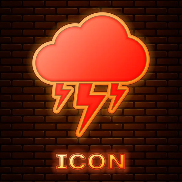 Pomyślna neon Storm ikona na białym tle na tle ściany cegła. Chmura i pioruna znak. Ikonę pogody burzy. Ilustracja wektorowa — Wektor stockowy