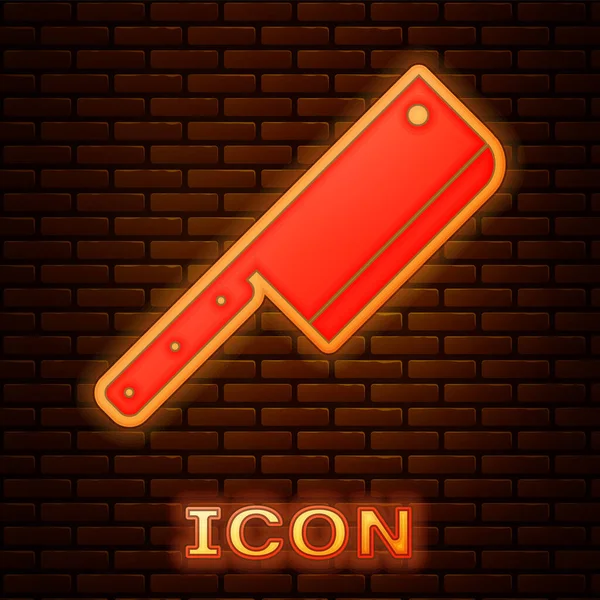 Lumineux néon icône de l'hachoir de viande isolé sur fond de mur de briques. Couteau de cuisine pour viande. Couteau de boucher. Illustration vectorielle — Image vectorielle